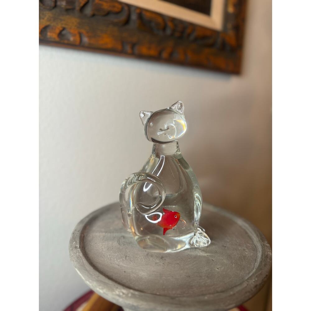 Hand Blown Glass Cat Figurine with Goldfish – Whimsical Animal Art